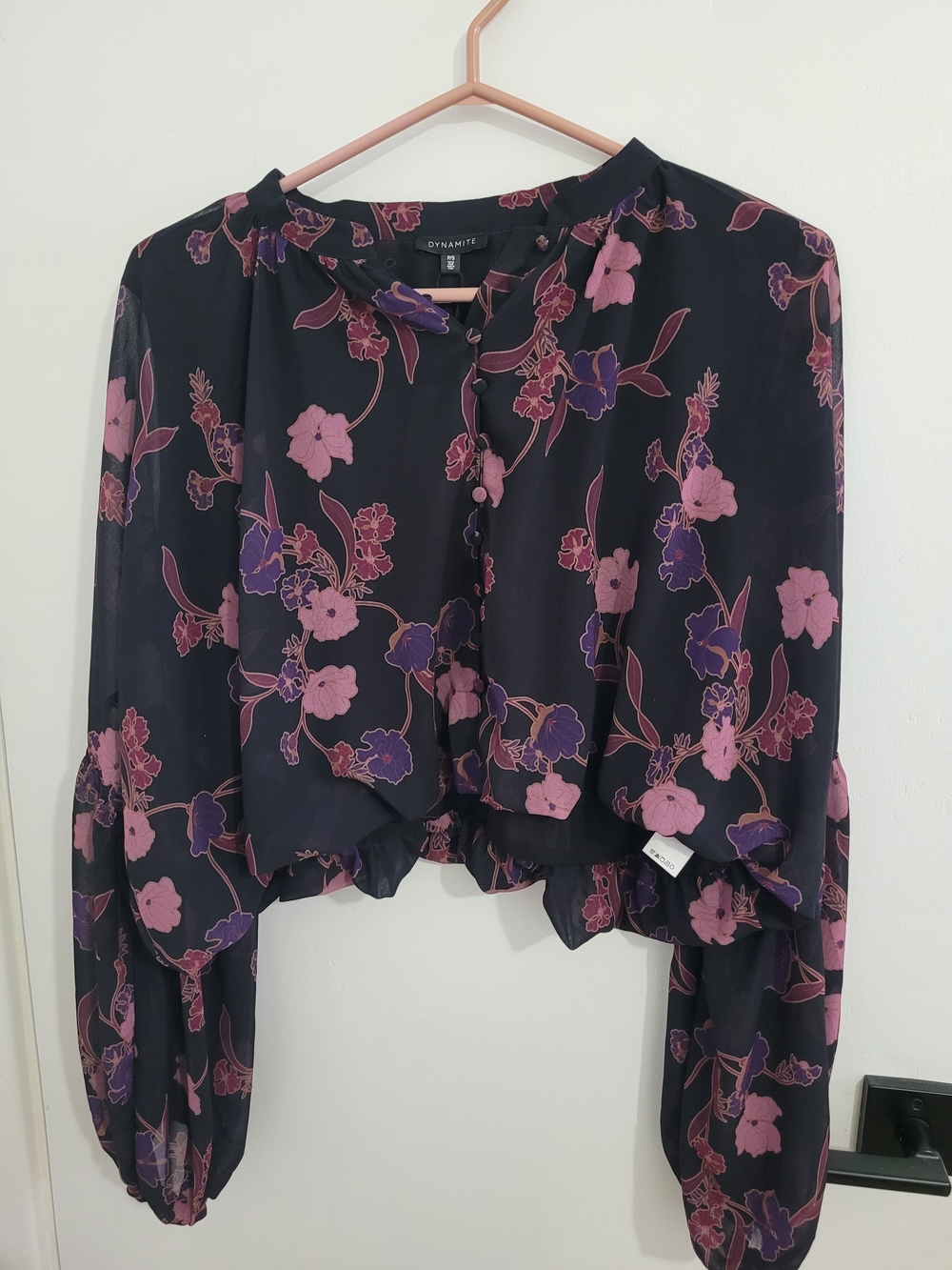 Dynamite Black Floral Button-Front Long-Sleeve Top - Pink & Purple Print